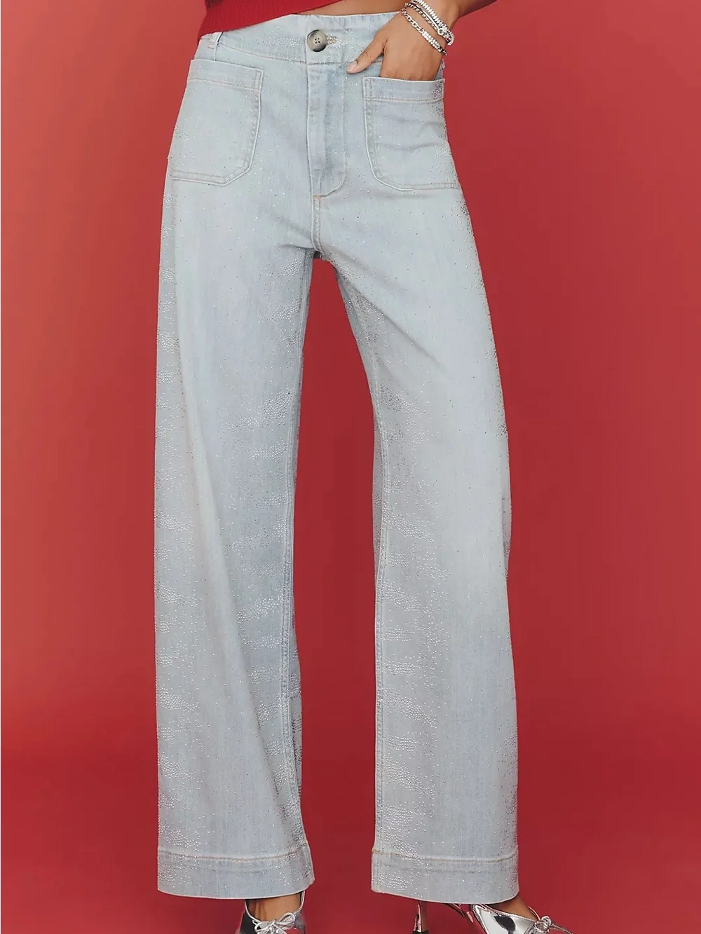 Anthropologie Maeve Colette Sparkle Wide Leg Jeans Women 29 Light Blue NWT